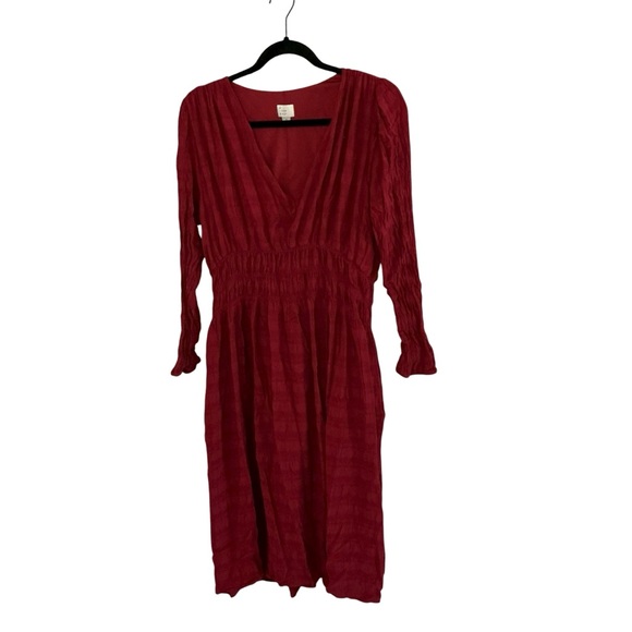 A New Day Red Textured Long Sleeve Midi Dress V-Neck Smocked Waist Size Large - Picture 1 of 5